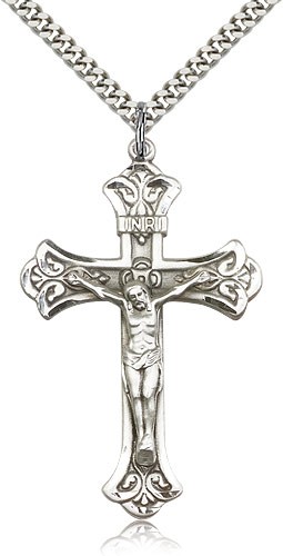 Men's Budded Tip with Scrolls Crucifix Pendant - Sterling Silver