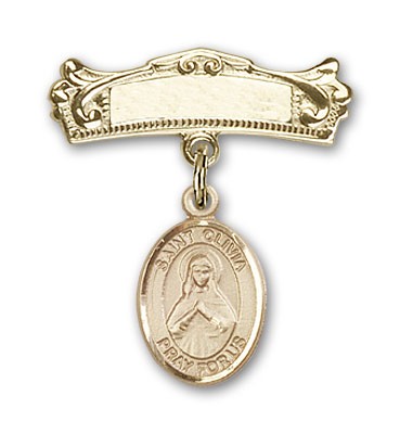 Pin Badge with St. Olivia Charm and Arched Polished Engravable Badge Pin - Gold Tone