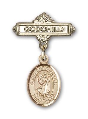 Pin Badge with St. Christopher Charm and Godchild Badge Pin - 14K Solid Gold