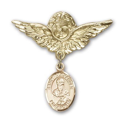 Pin Badge with St. Alexander Sauli Charm and Angel with Larger Wings Badge Pin - 14K Solid Gold