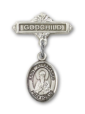 Pin Badge with St. Athanasius Charm and Godchild Badge Pin - Silver tone