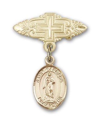 Pin Badge with St. Barbara Charm and Badge Pin with Cross - Gold Tone
