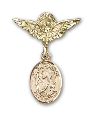 Pin Badge with St. Dorothy Charm and Angel with Smaller Wings Badge Pin - 14K Solid Gold