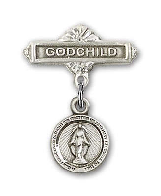Baby Pin with Miraculous Charm and Angel with Godchild Badge Pin - Silver tone