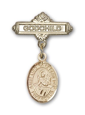 Pin Badge with St. Lidwina of Schiedam Charm and Godchild Badge Pin - 14K Solid Gold