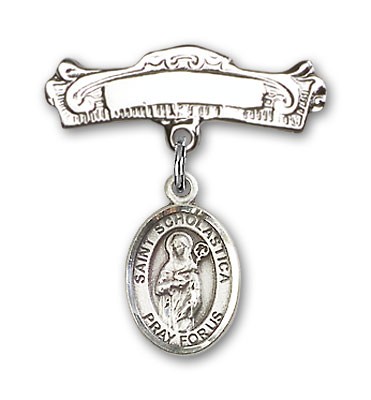 Pin Badge with St. Scholastica Charm and Arched Polished Engravable Badge Pin - Silver tone