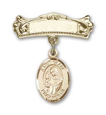 Pin Badge with St. Clare of Assisi Charm and Arched Polished Engravable Badge Pin - Gold Tone