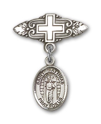 Pin Badge with St. Matthias the Apostle Charm and Badge Pin with Cross - Silver tone