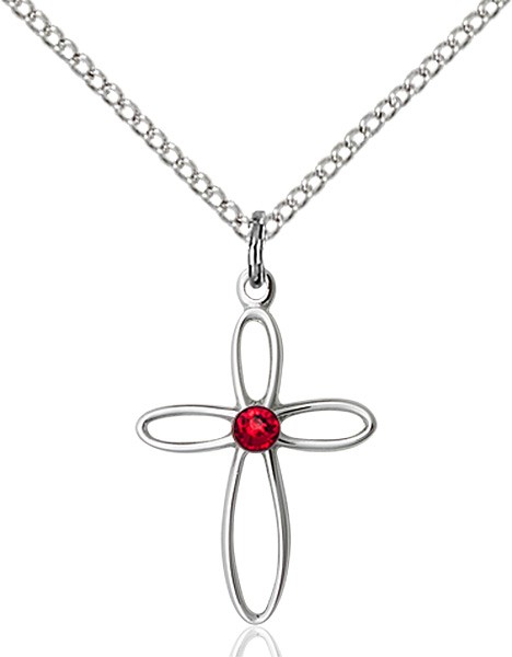 Cut-Out Cross Pendant with Birthstone Options - Ruby Red