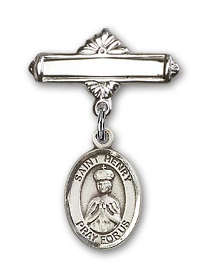 Pin Badge with St. Henry II Charm and Polished Engravable Badge Pin - Silver tone