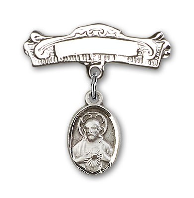 Baby Pin with Scapular Charm and Arched Polished Engravable Badge Pin - Silver tone