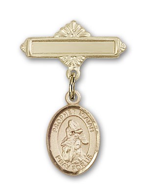 Pin Badge with St. Isaiah Charm and Polished Engravable Badge Pin - 14K Solid Gold