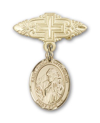 Pin Badge with St. Finnian of Clonard Charm and Badge Pin with Cross - Gold Tone
