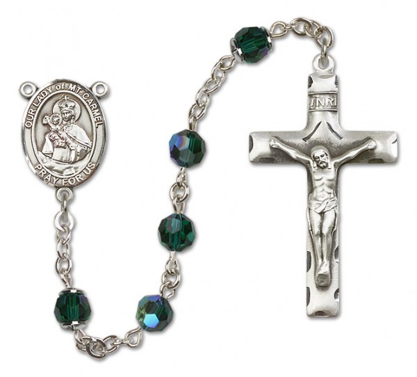 Our Lady of Mount Carmel Sterling Silver Heirloom Rosary Squared Crucifix - Emerald Green