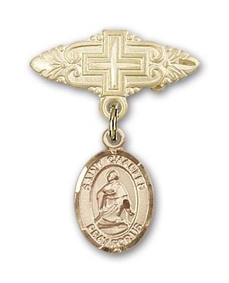 Pin Badge with St. Charles Borromeo Charm and Badge Pin with Cross - 14K Solid Gold