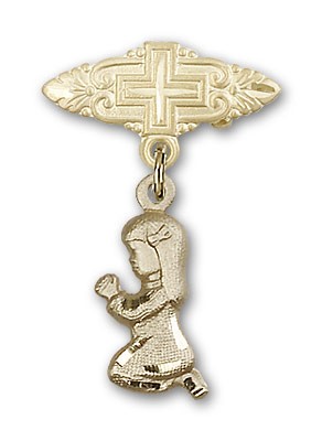 Baby Pin with Praying Girl Charm and Badge Pin with Cross - 14K Solid Gold