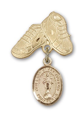 Baby Badge with Our Lady of All Nations Charm and Baby Boots Pin - 14K Solid Gold