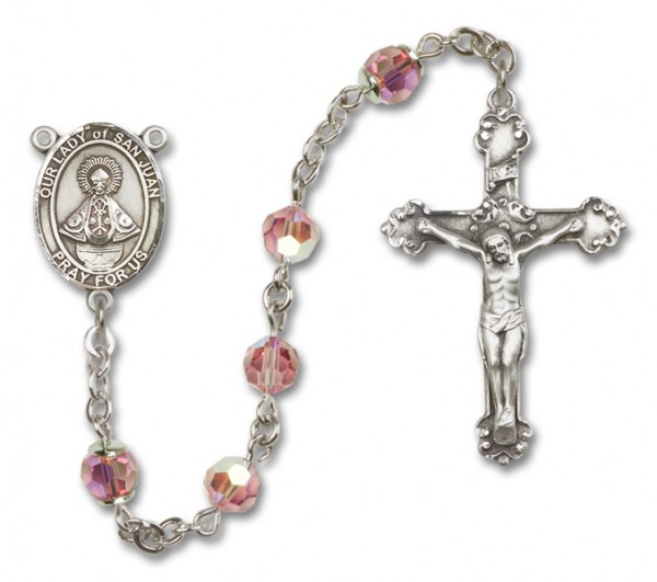 Our Lady of San Juan Sterling Silver Heirloom Rosary Fancy Crucifix - Light Rose