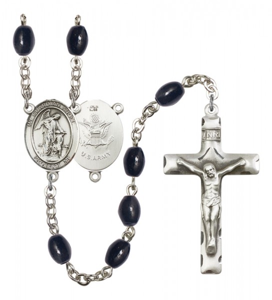 Men's Guardian Angel Army Silver Plated Rosary - Black Oval