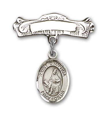 Pin Badge with St. Dymphna Charm and Arched Polished Engravable Badge Pin - Silver tone