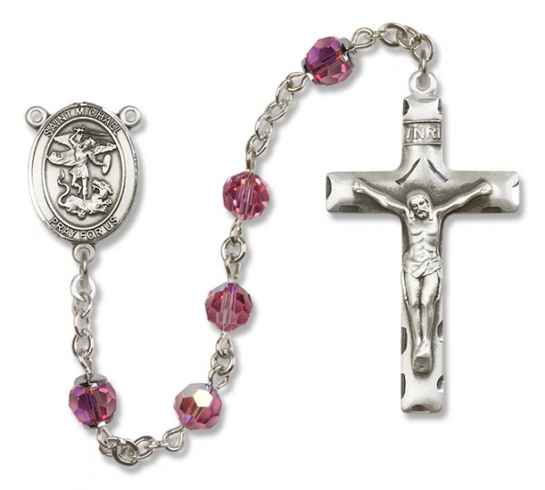 St. Michael the Archangel Sterling Silver Heirloom Rosary Squared Crucifix - Rose