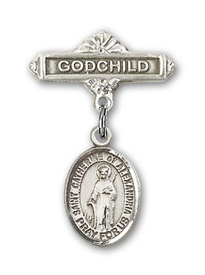 Pin Badge with St. Catherine of Alexandria Charm and Godchild Badge Pin - Silver tone