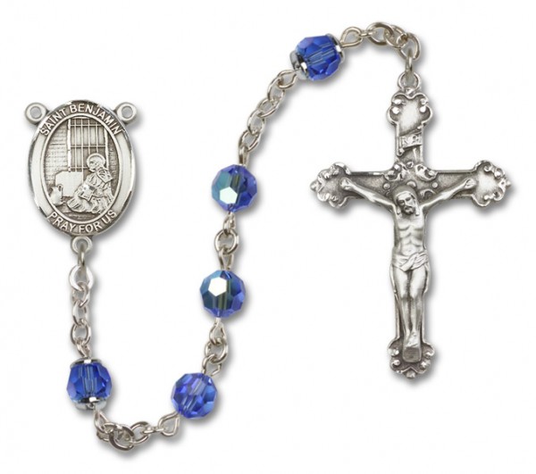 St. Benjamin Sterling Silver Heirloom Rosary Fancy Crucifix - Sapphire