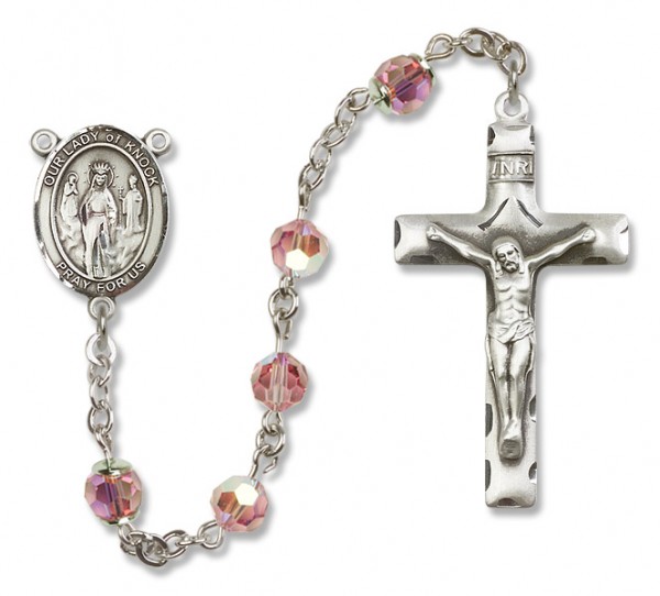 Our Lady of Knock Sterling Silver Heirloom Rosary Squared Crucifix - Light Rose