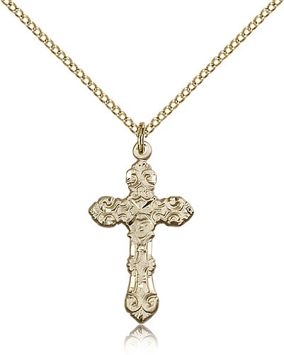 Ornate Fleur De Lis Women's Cross Necklace - 14KT Gold Filled