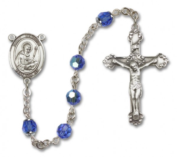 St. Benedict Sterling Silver Heirloom Rosary Fancy Crucifix - Sapphire