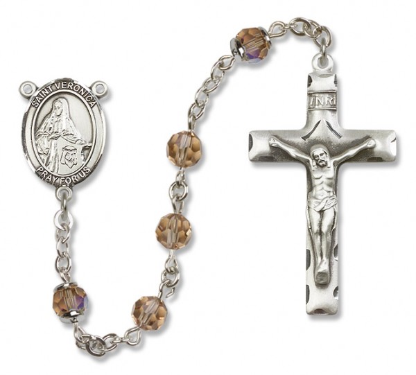 St. Veronica Sterling Silver Heirloom Rosary Squared Crucifix - Topaz