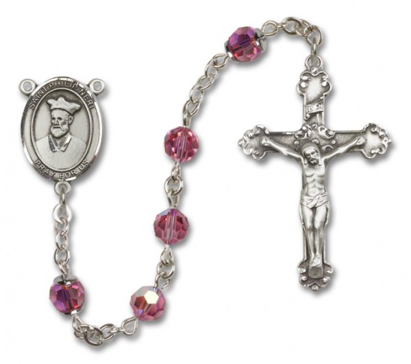 St. Philip Neri Sterling Silver Heirloom Rosary Fancy Crucifix - Rose