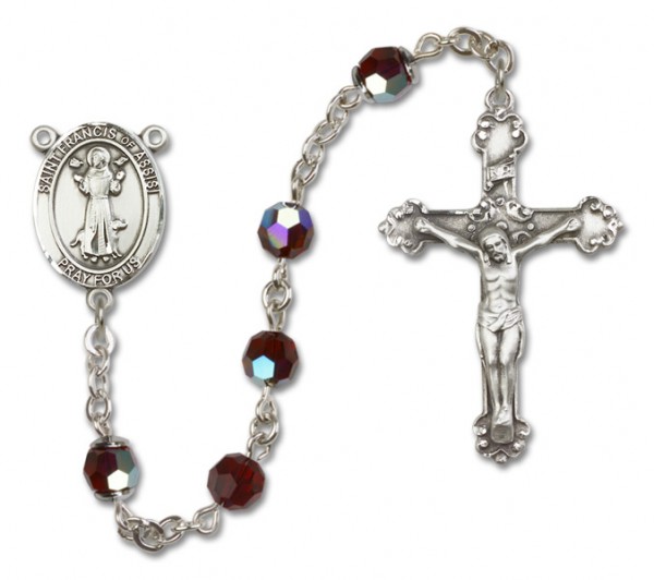 St. Francis of Assisi Sterling Silver Heirloom Rosary Fancy Crucifix - Garnet