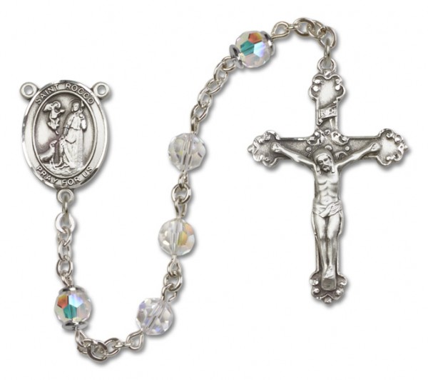 St. Rocco Sterling Silver Heirloom Rosary Fancy Crucifix - Crystal