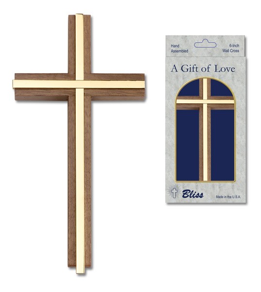 Wall Cross Walnut with Metal Inlay 6&quot; - Gold Tone