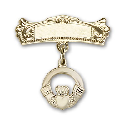 Pin Badge with Claddagh Charm and Arched Polished Engravable Badge Pin - 14K Solid Gold