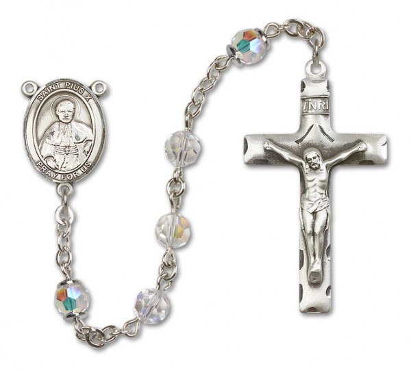 St. Pius X Sterling Silver Heirloom Rosary Squared Crucifix - Crystal