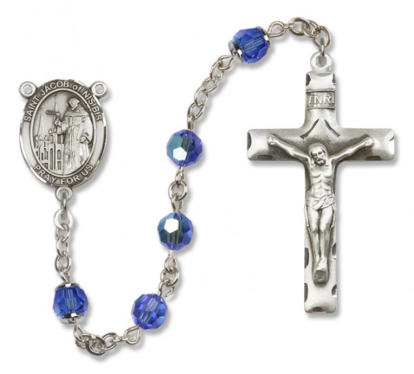 St. Jacob of Nisibis Sterling Silver Heirloom Rosary Squared Crucifix - Sapphire