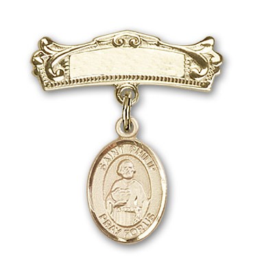 Pin Badge with St. Philip the Apostle Charm and Arched Polished Engravable Badge Pin - 14K Solid Gold