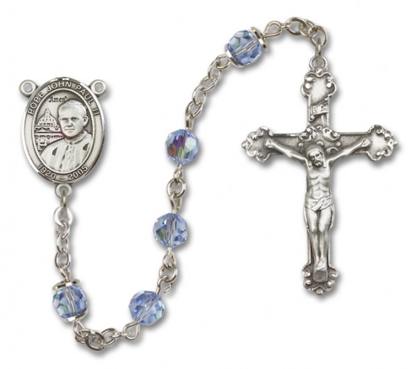 Pope John Paul II Sterling Silver Heirloom Rosary Fancy Crucifix - Light Sapphire