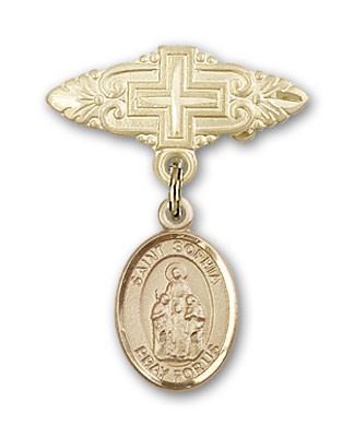Pin Badge with St. Sophia Charm and Badge Pin with Cross - Gold Tone