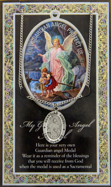 Guardian Angel Medal in Pewter with Bi-Fold Prayer Card - Silver tone