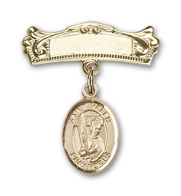 Pin Badge with St. Helen Charm and Arched Polished Engravable Badge Pin - 14K Solid Gold