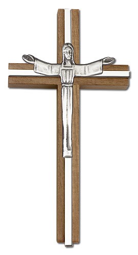 Contemporary Risen Christ Wall Cross in Walnut and Metal Inlay 6&quot; - Silver tone
