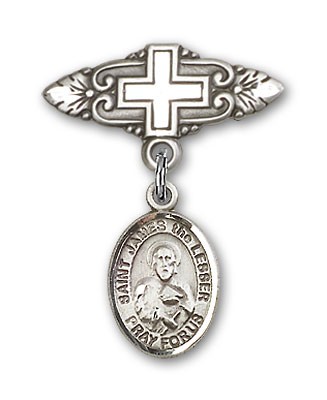 Pin Badge with St. James the Lesser Charm and Badge Pin with Cross - Silver tone