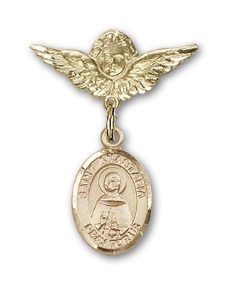 Pin Badge with St. Anastasia Charm and Angel with Smaller Wings Badge Pin - 14K Solid Gold