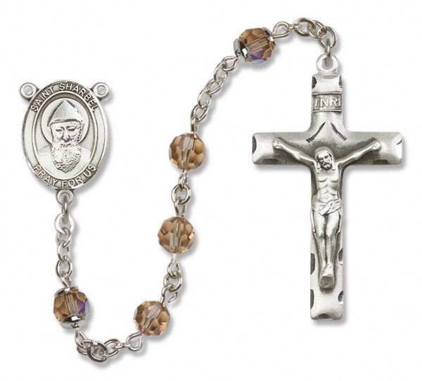 St. Sharbel Sterling Silver Heirloom Rosary Squared Crucifix - Topaz