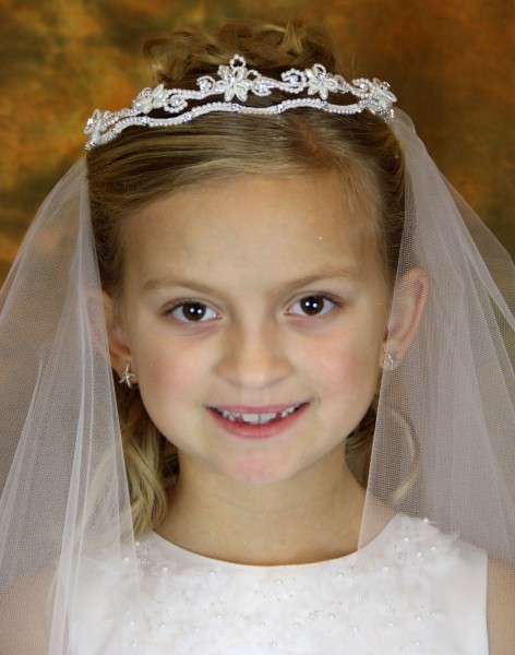 First Communion Veil with Pearl and Rhinestone Floral Headpiece - White
