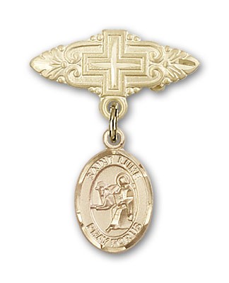 Pin Badge with St. Luke the Apostle Charm and Badge Pin with Cross - Gold Tone