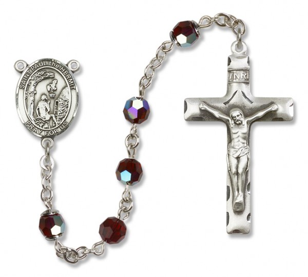 Paul the Hermit Sterling Silver Heirloom Rosary Squared Crucifix - Garnet